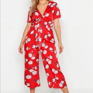Boohoo red floral jumpsuit